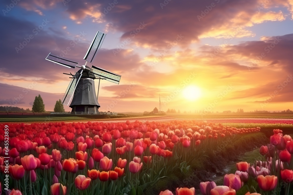 Tulip fields with windmills at sunset