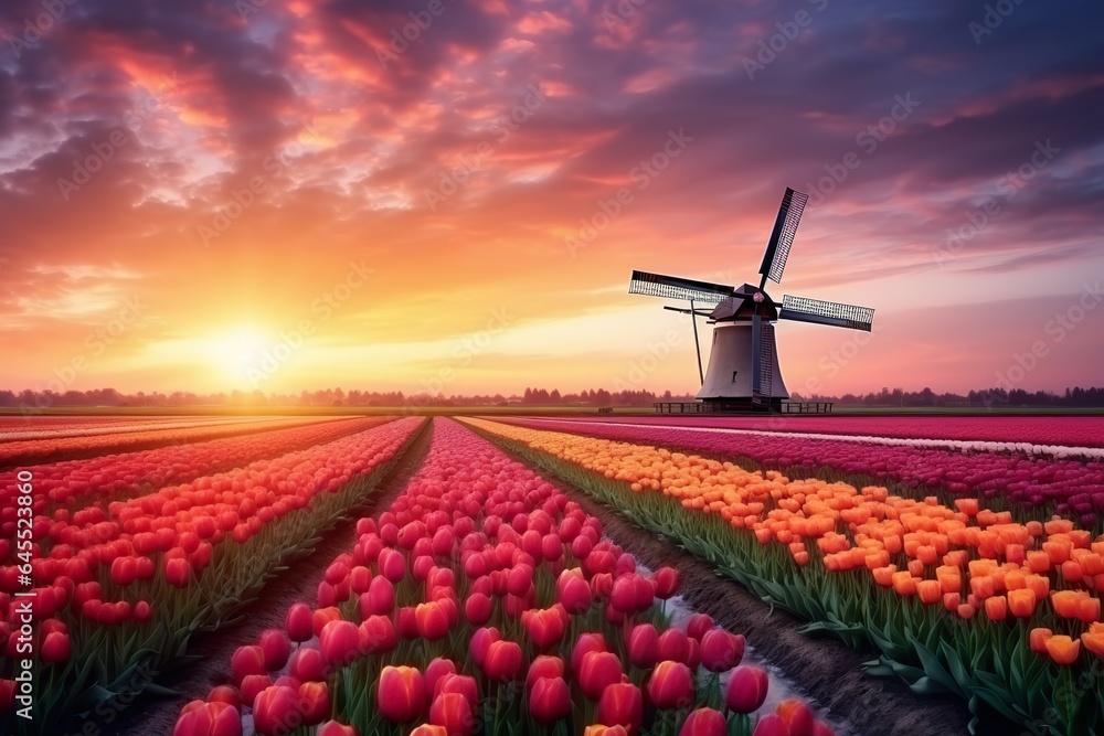 Tulip fields with windmills at sunset