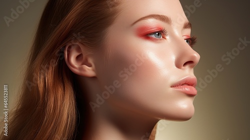 Radiant Beauty in Profile: A captivating portrait of a young woman with radiant skin and captivating red hair, her features illuminated by a soft, warm light.