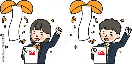 This is an illustration of a schoolgirl and a schoolboy celebrating 100 points on the test
