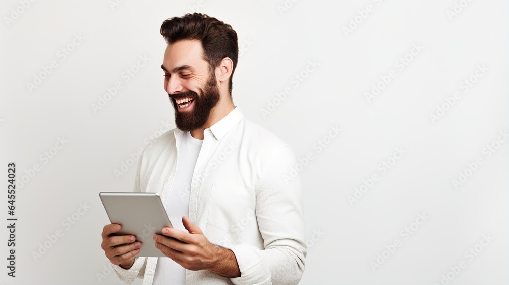 Smiling businessman working on laptop and tablet in office Smiling businessman working on laptop and tablet in office