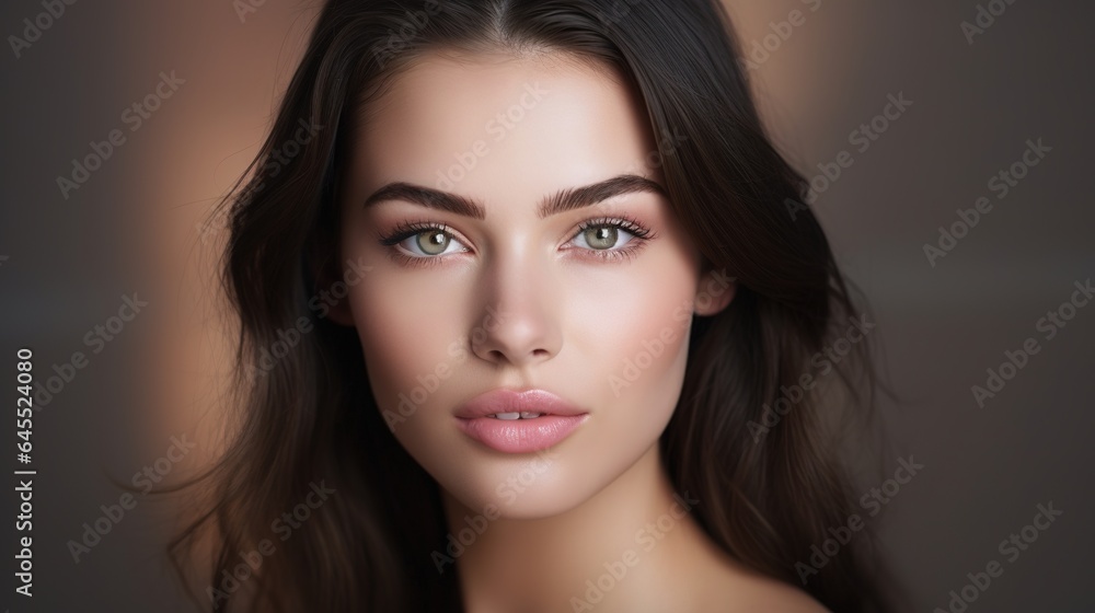 beautiful woman with brown hair, elegant makeup, and a captivating smile in a close-up portrait beautiful woman with brown hair, elegant makeup, and a captivating smile in a close-up portrait