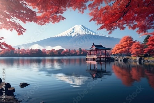 Fuji Mountain in Kawaguchiko lake at autumn season, Japan with red leaves