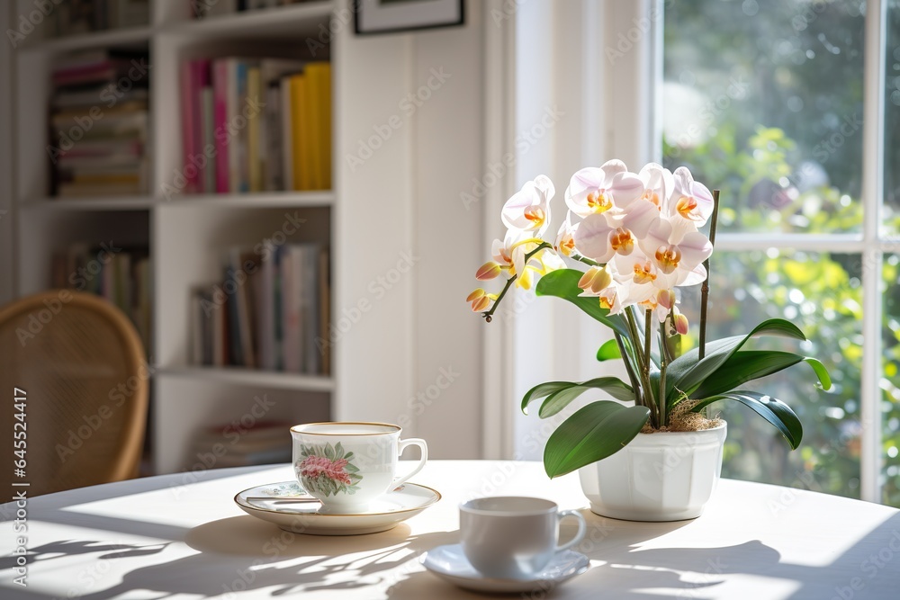 Modern bright living room interior design with bookshelf, coffee table, laptop and flowers. 3D Rendering Modern bright living room interior design with bookshelf, coffee table, laptop and flowers. 3D Rendering