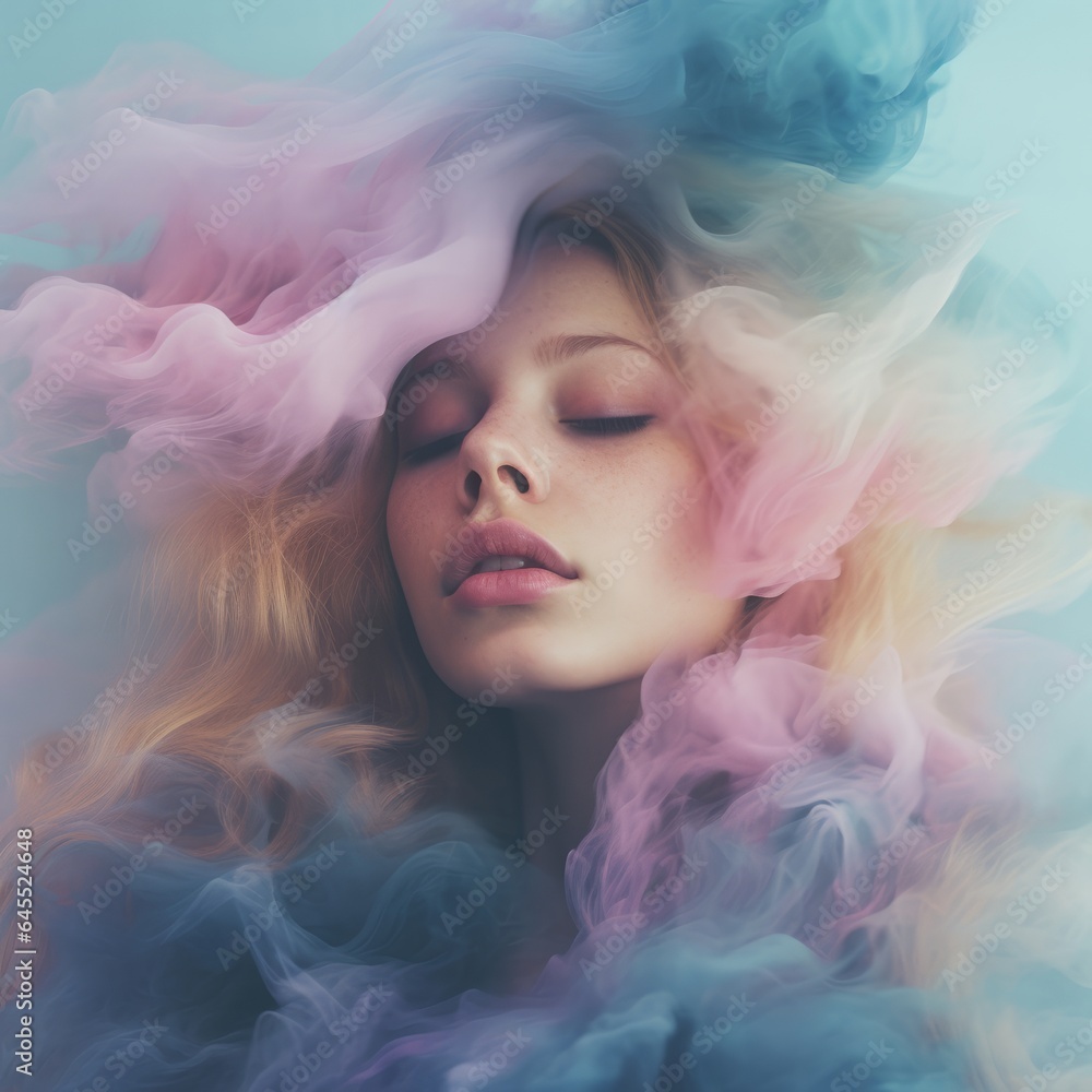 Portrait Photograph of beautiful young woman, haze and smoke, vintage mood, retro look, fashion photography, clouds and sky, soft colors