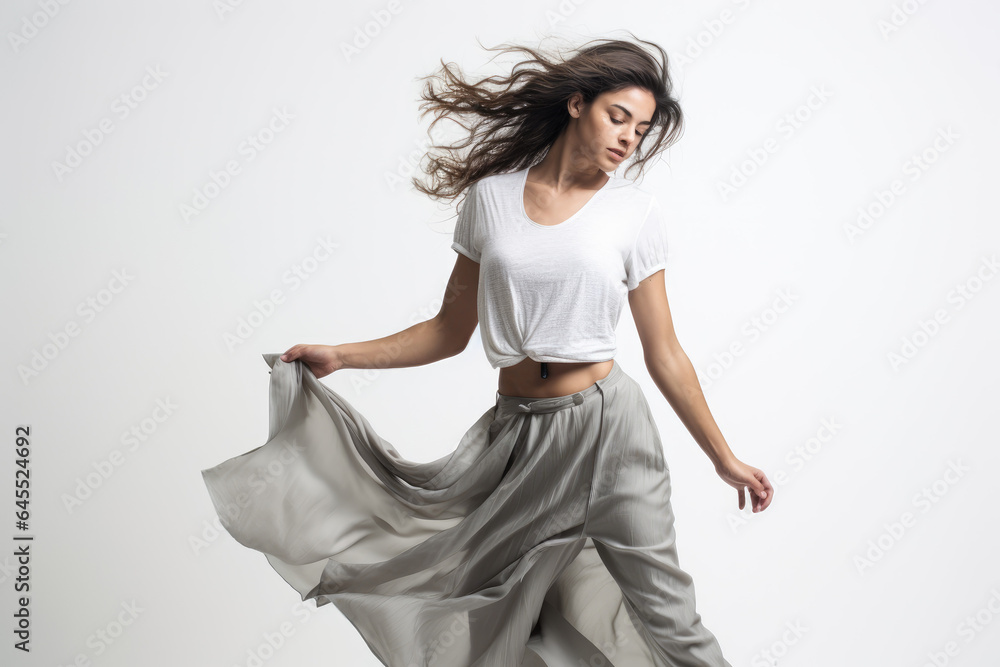 Naklejka premium Professional dancer in stylish clothing dancing on white background