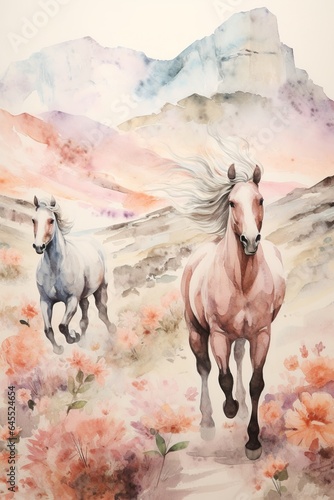 a watercolored minimalist vintage wild horses running through a blooming valley painted with pastel colors and a white background