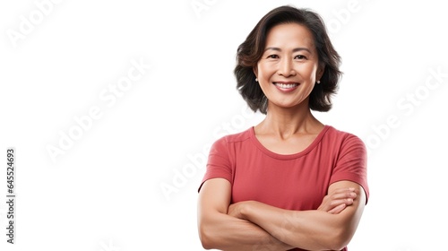 happy older asian woman on a white studio background photo