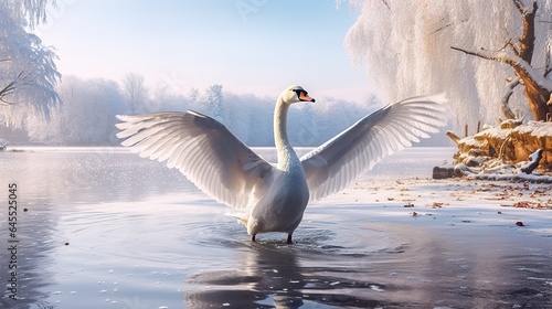 Beautiful white swan on a frozen lake. Winter landscape