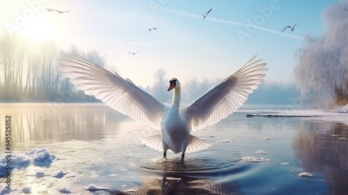 Beautiful white swan on a frozen lake. Winter landscape