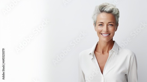 portrait of senior woman on white background, smiling 