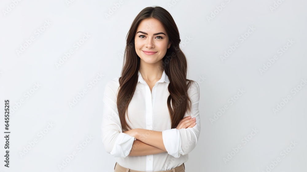Portrait of a happy young businesswoman against a white studio backdrop. worker or secretary Portrait of a happy young businesswoman against a white studio backdrop. worker or secretary