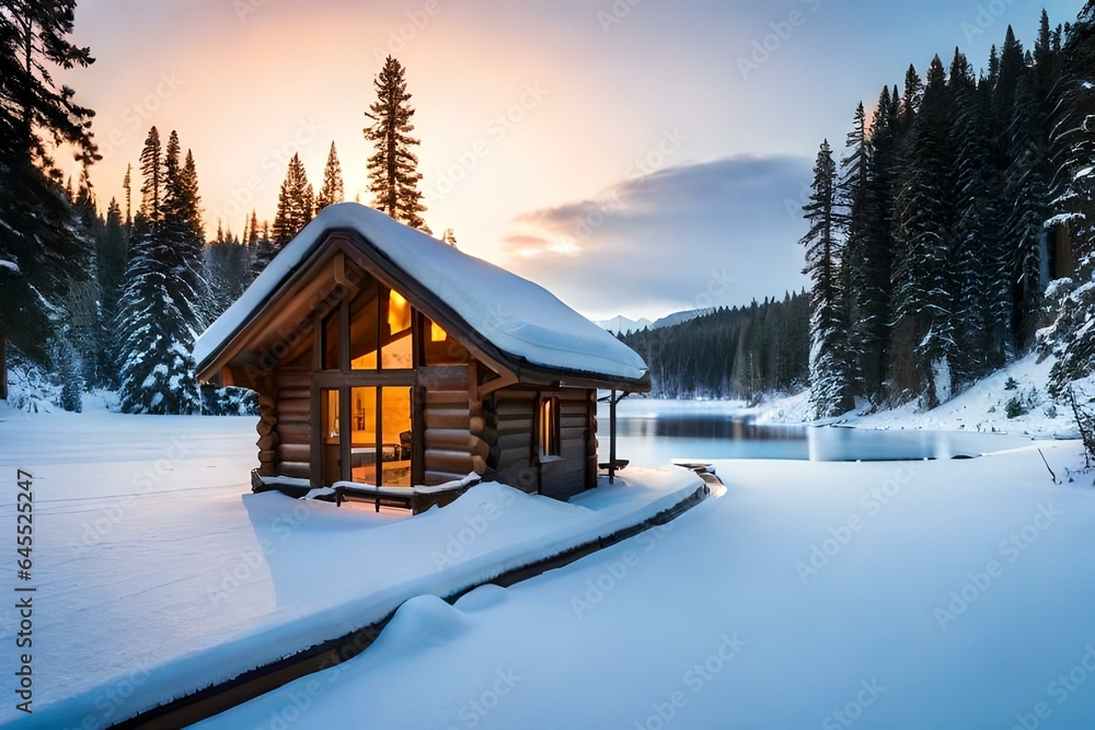 A cozy, snow-laden cottage nestled in the wintry forest, smoke curling from the chimney against a backdrop of pristine white, with a gentle stream winding nearby.