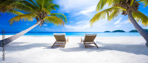 A beautiful tropical vacation on a beach with wooden beach chairs. An exotic summer getaway to relax and enjoy the ocean views.