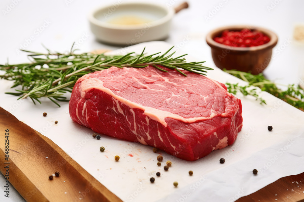 Raw marbled beef steak on white cutting board with herbs