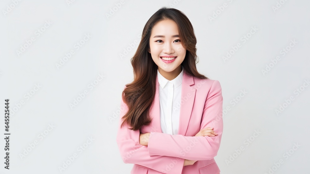 Successful and confident businesswoman with a beautiful smile, wearing a professional suit in an office setting Successful and confident businesswoman with a beautiful smile, wearing a professional suit in an office setting