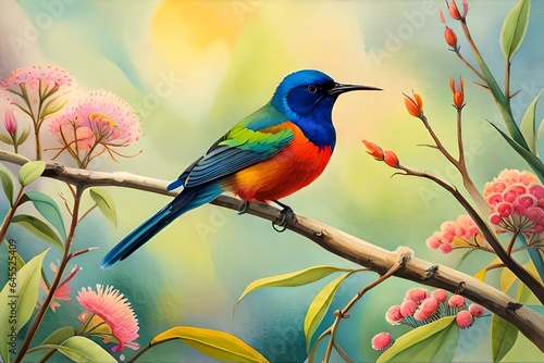 Capture the vibrant plumage and intricate details of a Bird of Paradise in a lush tropical setting, emphasizing its unique colors and elegant display.