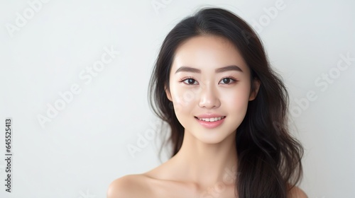 portrait of a young asian woman on white studio background, skincare and make up