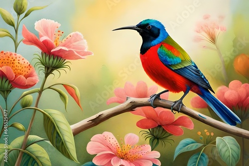 Create an image of a vibrant Bird of Paradise flower in a lush tropical setting  showcasing its intricate petals and rich colors.