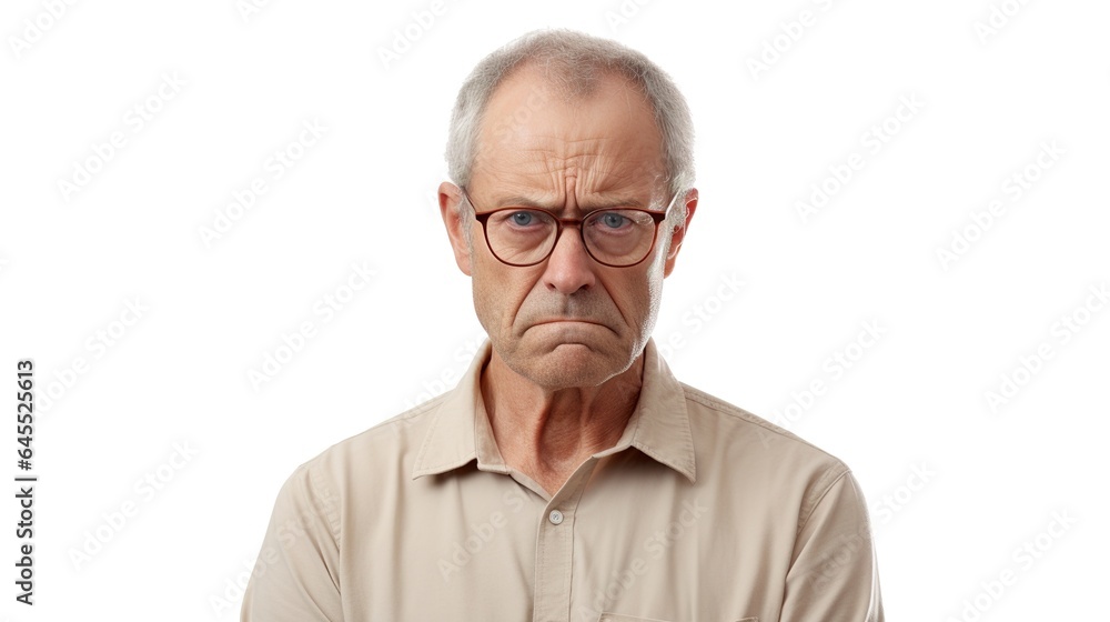 Elderly man with a headache, wearing glasses and a shirt, looking pained yet smiling Elderly man with a headache, wearing glasses and a shirt, looking pained yet smiling