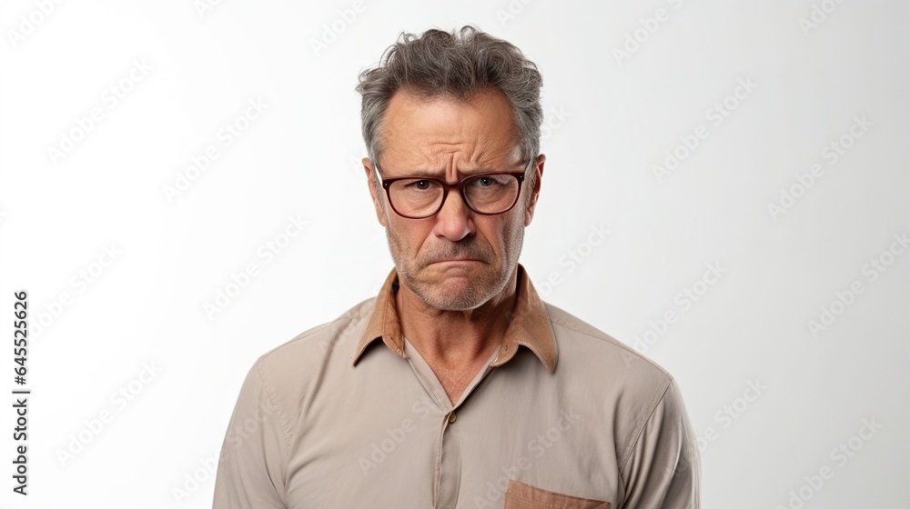 Elderly man with a headache, wearing glasses and a shirt, looking pained yet smiling Elderly man with a headache, wearing glasses and a shirt, looking pained yet smiling