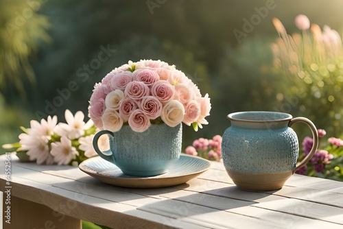 Create a high-definition image of a meticulously arranged still life with vibrant pink flowers as the central focus. Ensure the lighting accentuates their delicate petals and rich colors. photo