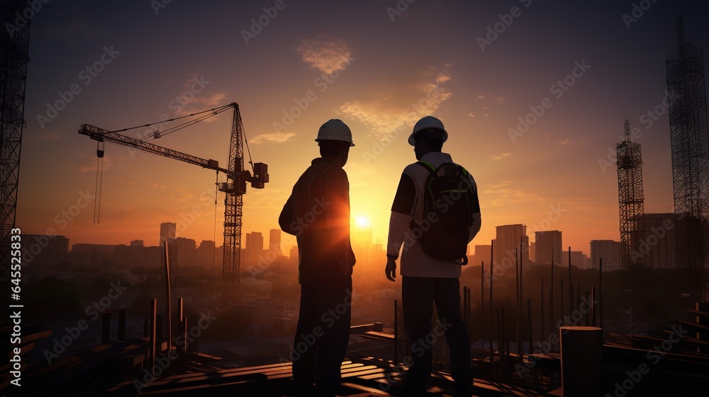silhouette of a civil engineering construction site at sunset