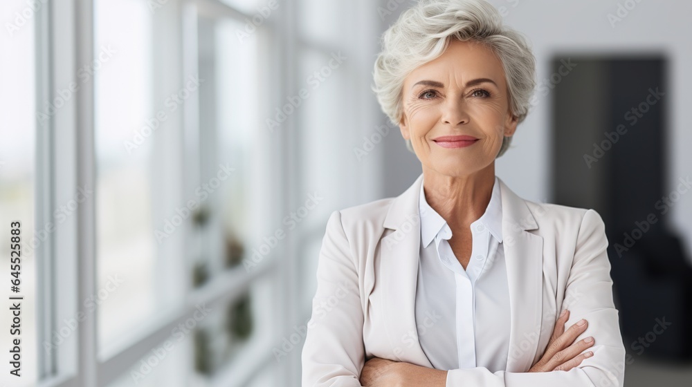 Smiling middle-aged woman with crossed arms on a white background. generative ai Smiling middle-aged woman with crossed arms on a white background. generative ai
