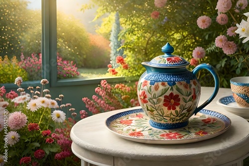 Capture a close-up shot of a porcelain teacup brimming with steaming tea, surrounded by vibrant, freshly bloomed wildflowers, under soft, natural light.