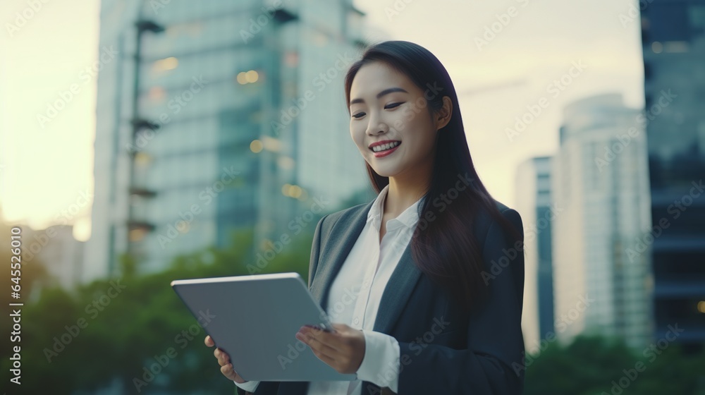 woman in front of an office building with a tablet computer woman in front of an office building with a tablet computer