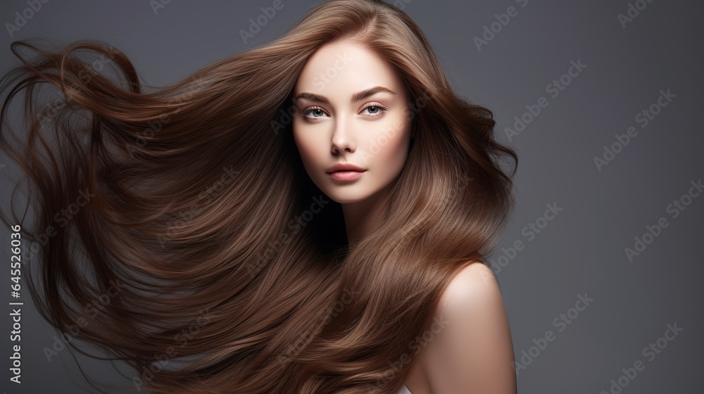 Fototapeta premium Portrait of a beautiful woman with long hair with makeup. generative ai