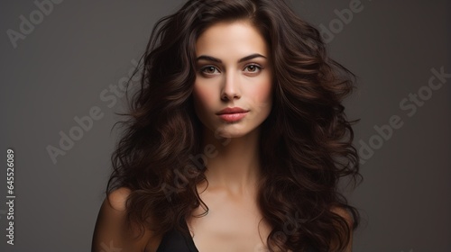 Smiling Brunette Woman with Long Curly Hair, Red Lips, and Natural Glamour in Studio Portrait