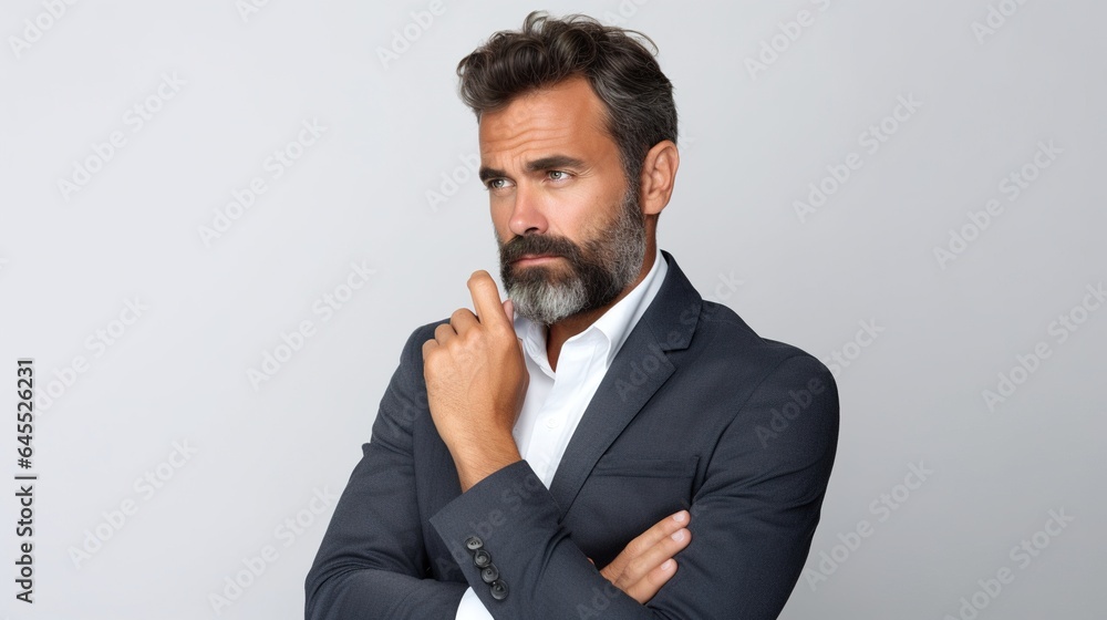 Naklejka premium A serious middle-aged man poses in front of a white background with copy space, with his arms folded and a deadpan look. generative ai