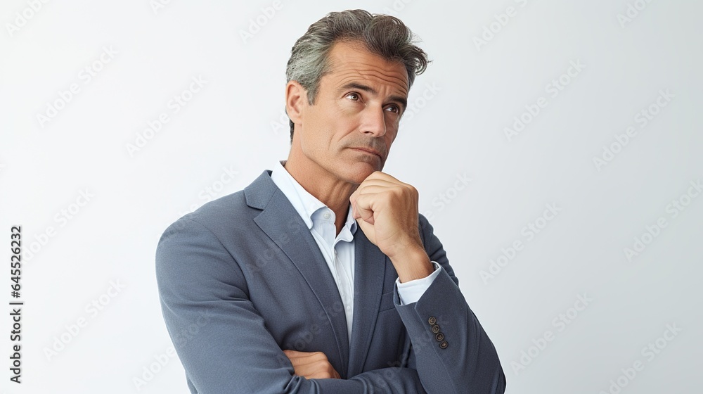 A serious middle-aged man poses in front of a white background with copy space, with his arms folded and a deadpan look. generative ai A serious middle-aged man poses in front of a white background with copy space, with his arms folded and a deadpan look. generative ai