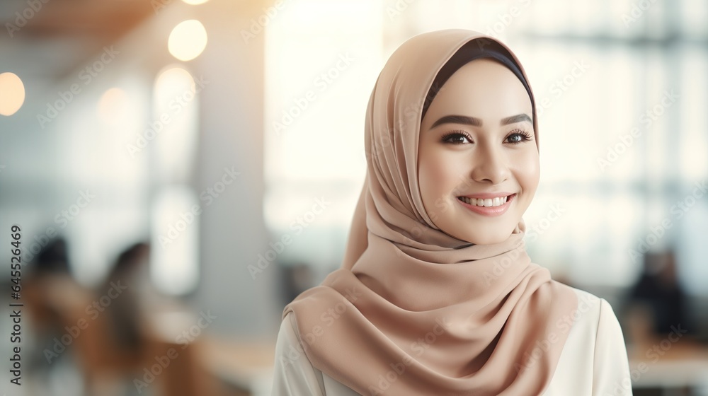 Confident Asian muslim female team leader holding corporate meeting, serious businesswoman wearing hijab holding document, discussing project statistics with colleagues. generative ai Confident Asian muslim female team leader holding corporate meeting, serious businesswoman wearing hijab holding document, discussing project statistics with colleagues. generative ai