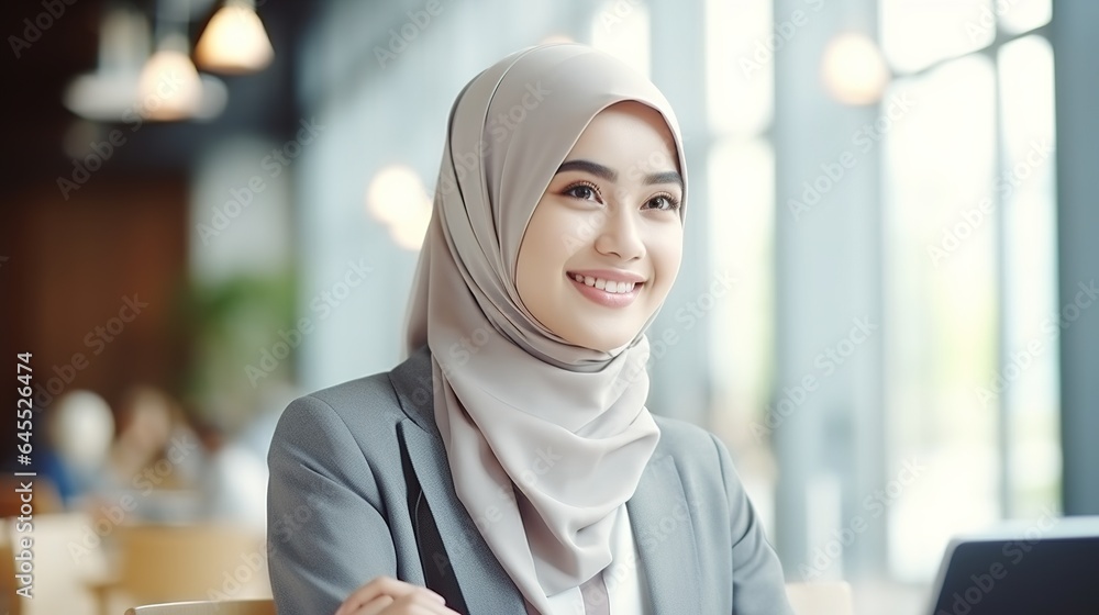 Confident Asian muslim female team leader holding corporate meeting, serious businesswoman wearing hijab holding document, discussing project statistics with colleagues. Confident Asian muslim female team leader holding corporate meeting, serious businesswoman wearing hijab holding document, discussing project statistics with colleagues.