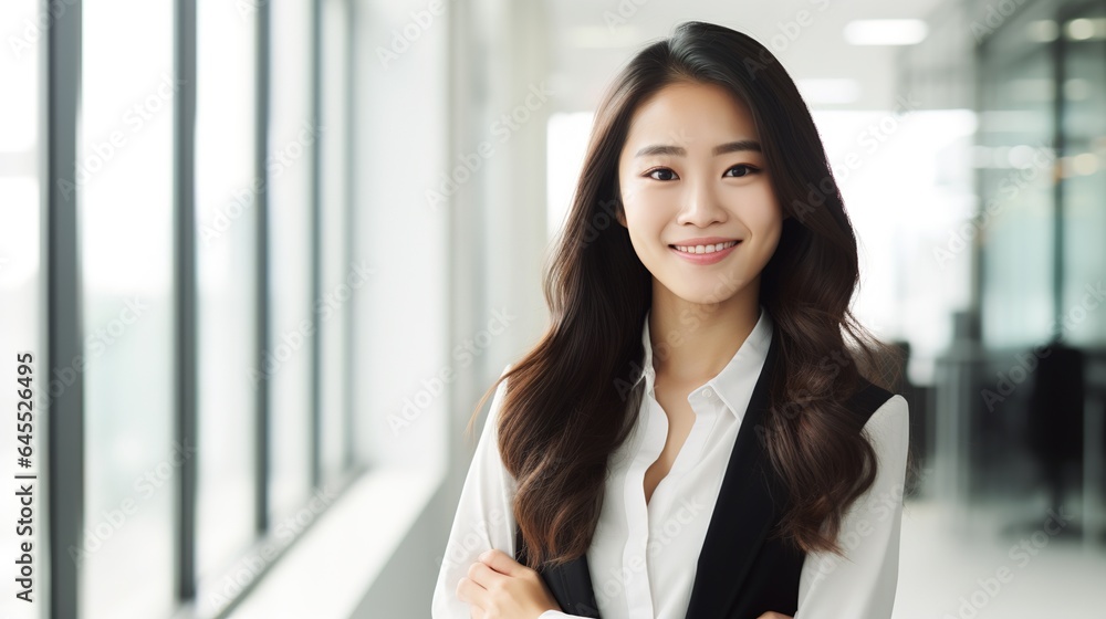 Standing position of a young Asian businesswoman smiling at the camera on an isolated white background. generative ai