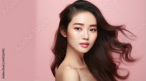 Close-up of a beautiful Asian woman with makeup . generative ai