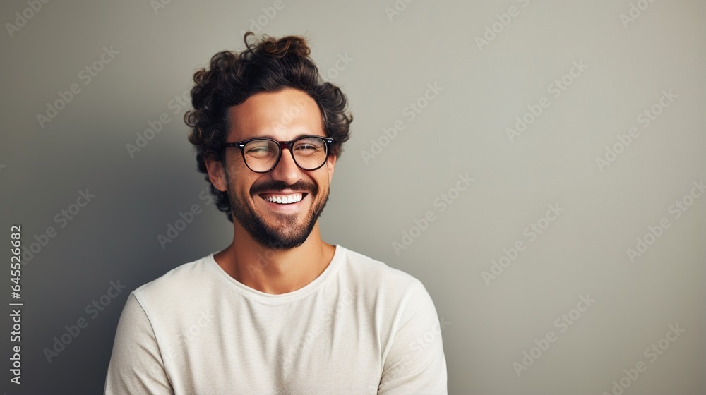Young attractive man with a wonderful smile wearing fashionable spectacles against a neutral background with enough of copy space. generative ai - obrazy, fototapety, plakaty 