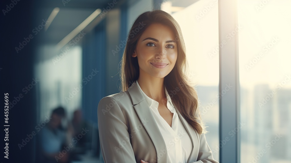 Smiling businesswoman standing with her arms crossed in the workplace Smiling businesswoman standing with her arms crossed in the workplace
