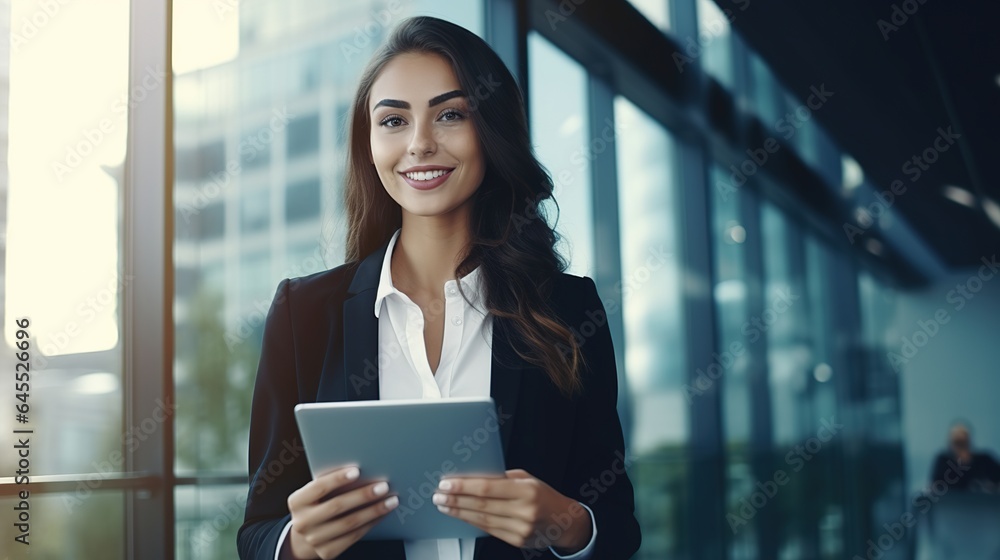 Portrait of a businesswoman with tablets in office background. generative ai Portrait of a businesswoman with tablets in office background. generative ai