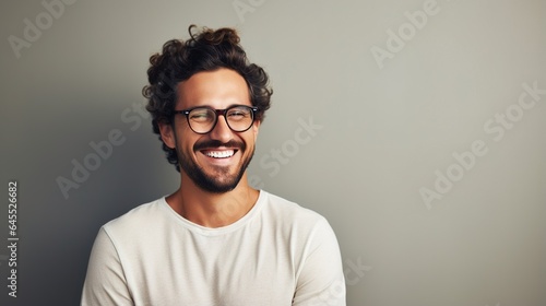 Young attractive man with a wonderful smile wearing fashionable spectacles against a neutral background with enough of copy space. generative ai