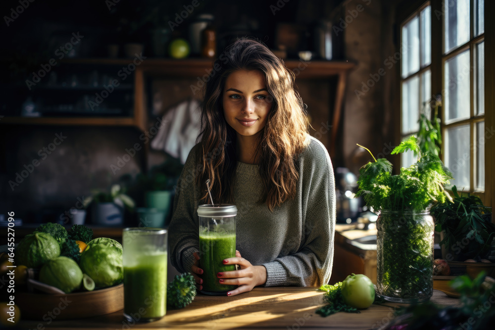 Vegan woman drinking green juice in her kitchen Vegan woman drinking green juice in her kitchen