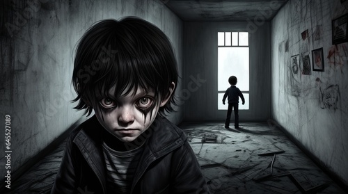 Scary Horror Kids Background. Two Frightening Children Standing in a Room at Night. Creepy Atmosphere. Generative AI