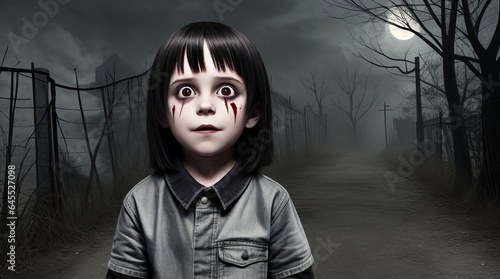 Scary Horror Kid Background. Spooky looking Child Standing in Front of an Empty Road at Night. Creepy Atmosphere. Generative AI