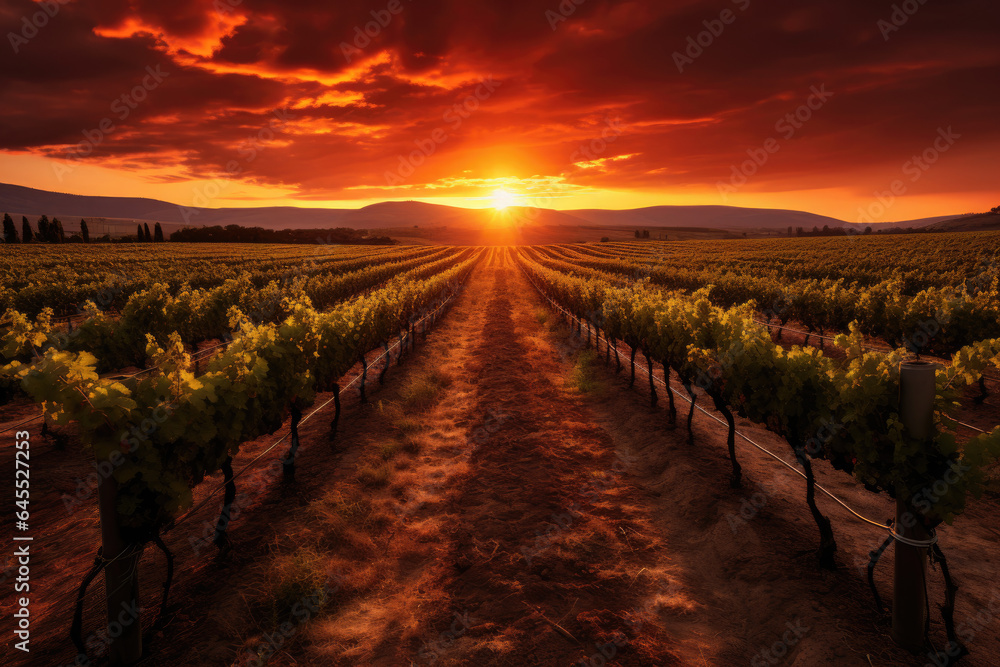 Vineyard with rows of trees at sunset