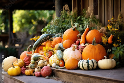Pumpkins and gourds arranged in a rustic outdoor setting