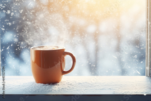 Warm mug near a frosty window  with falling snow outside
