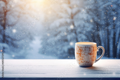 Warm mug near a frosty window, with falling snow outside