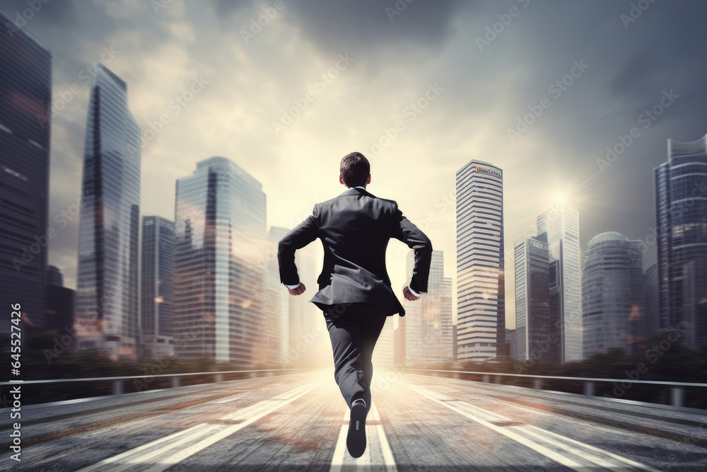 Winning businessman approaching the finish line Winning businessman approaching the finish line